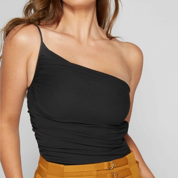 New Guess Marciano Love Off One Shoulder Ruching Side Black Top Blouse S - Picture 1 of 5